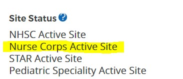 Screen shot of the Site Status category with Nurse Corps Active Site highlighted